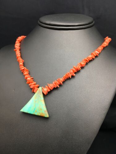 Native American Kingman Turquoise and Coral Pendant Necklace | Brass | Old Pawn | 19" | 4029