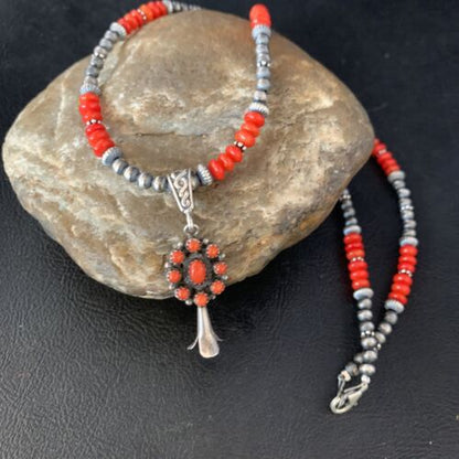 Authentic Navajo Red Coral Naja Pendant Necklace | Sterling Silver | Southwestern Style | 13881