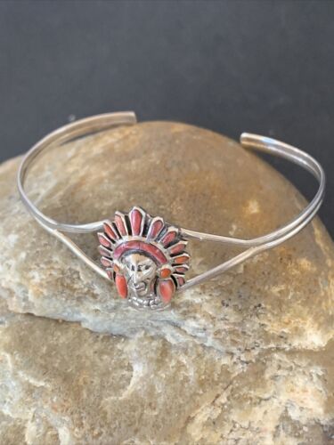 Native American Indian Head Coral Cuff Bracelet | Sterling Silver | Authentic Handmade | 1691 - Masha USA