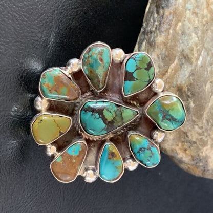 Navajo Green Turquoise Multi-Stone Cluster Ring | Authentic Native American Sterling Silver | Sz 11 | 02195