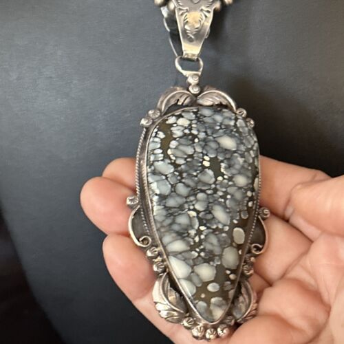 White Buffalo Turquoise Necklace Pendant with Pearls | Sterling Silver | Authentic Native American Handmade | 14805