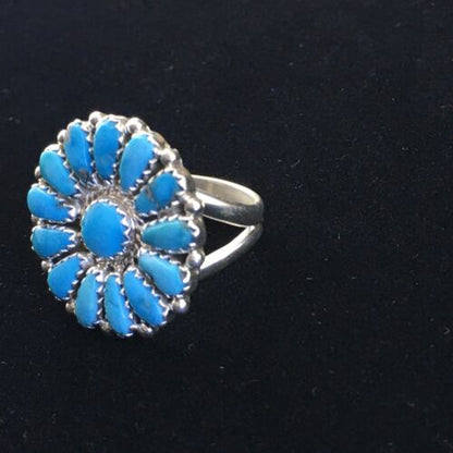 Navajo Blue Kingman Turquoise Cluster Ring | Authentic Native American Sterling Silver | Multi-Stone | Sz 7 | 10112