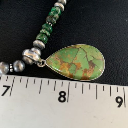 Navajo Green Mojave Turquoise Pendant Necklace | Sterling Silver | Native American Handmade | 13467