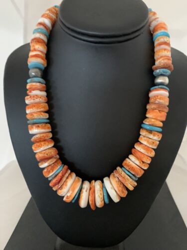 Authentic Native American Necklace | Orange Spiny Oyster & Turquoise | Navajo Pearls Sterling Silver | 20"