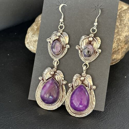 Navajo Purple Sugilite Dangle Earrings | Sterling Silver | 2" | Authentic Native American Handmade | 14461