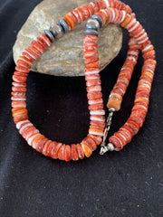 Southwestern Red Spiny Oyster Necklace | Navajo Pearls | Sterling Silver | Authentic Native American Handmade | 20" | 00556
