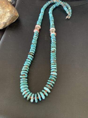 Navajo Natural Turquoise & Spiny Oyster Necklace | Sterling Silver | Authentic Native American | 32" | 13248