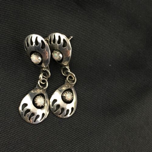 Navajo White Opal Bear Paw Dangle Earrings | Sterling Silver | 1.30" | Authentic Native American Handmade | 8694