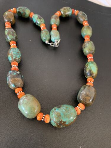 Navajo Green Turquoise & Orange Spiny Oyster Necklace | Sterling Silver | 23" | Authentic Native American Handmade | 1847