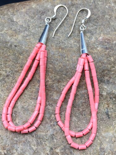 Navajo Pink Coral Heishi Dangle Earrings | Liquid Sterling Silver | 2 Strand | Authentic Native American | 4398