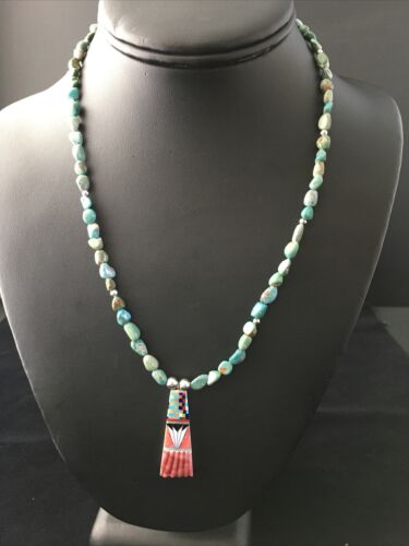 Authentic Native American Navajo Sterling Silver Necklace with Green Turquoise Inlay Pendant | 25" | 1751