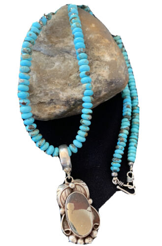 Navajo Blue Turquoise Sterling Silver Necklace | Pyrites Pendant | Southwestern 01393