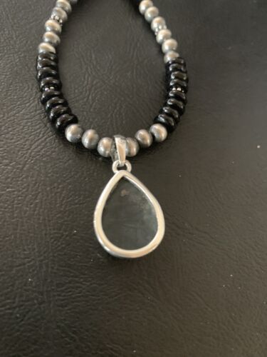 Native American Men's Navajo Pearl Necklace Pendant | Sterling Silver Black Onyx | 11907