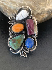Navajo White Buffalo Spiny Oyster Lapis Multi-Stone Ring | Authentic Native American Sterling Silver | Sz 10.5 | 11568