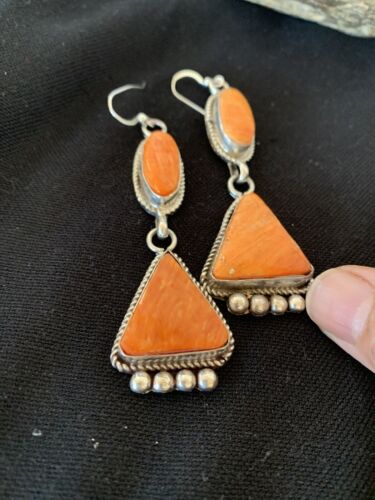 Navajo Orange Spiny Oyster Dangle Earrings | Sterling Silver | Authentic Native American Handmade | 199