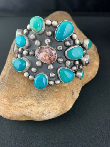Men's Blue Turquoise Wild Horse Cuff Bracelet | Sterling Silver | Navajo Handmade | 4228 - Masha USA