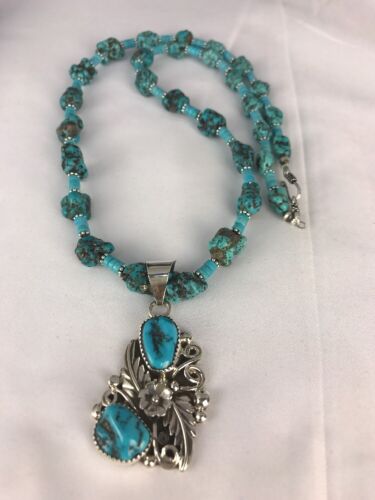 Navajo Kingman Turquoise Nugget Pendant Necklace | Sterling Silver | Multi-Stone | Southwestern Handmade