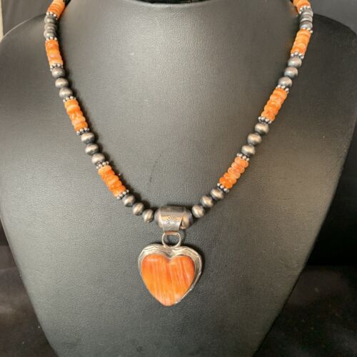 Navajo Orange Heart Spiny Oyster Pendant | Sterling Silver Necklace | Authentic Native American Handmade | 13946