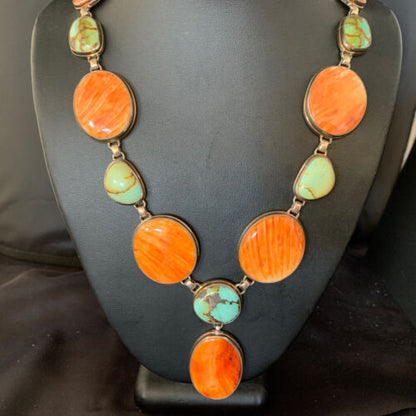 Navajo Lariat Necklace with Green Royston Turquoise & Spiny Oyster Pendant | Sterling Silver | 20" | 13888