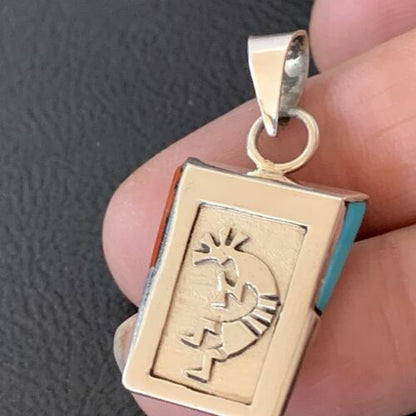 Navajo Kokopelli Coral Turquoise Inlay Pendant | Sterling Silver | Authentic Native American Handmade | 10880