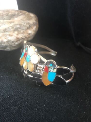 Zuni Sterling Inlay Hummingbird Bracelet | Multi Stone Turquoise | Old Pawn  | 7.5" | 8299