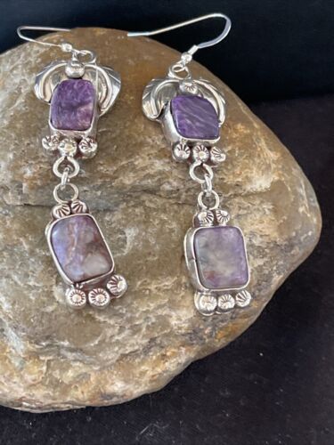 Navajo Purple Charoite Dangle Earrings | Sterling Silver | Authentic Native American Handmade | 01225