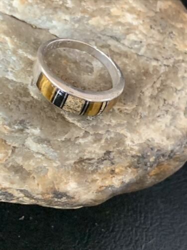 Navajo Black Onyx Coffee Tiger's Eye Inlay Ring | Sterling Silver | Sz 6.5 | 10794