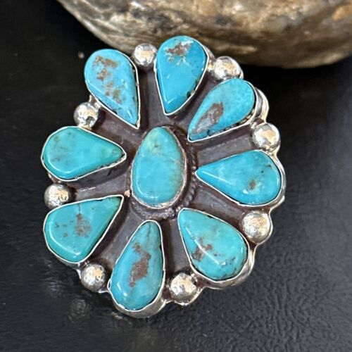 Navajo Blue Turquoise Cluster Ring | Authentic Native American Sterling Silver | Multi-Stone | Sz 7 | 14728