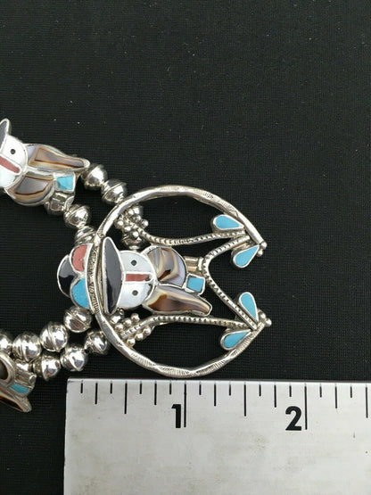 Zuni Owl Inlay Turquoise Squash Blossom Necklace Set | Sterling Silver | Native American Handmade | 1310