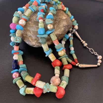 Southwestern American Santo Domingo Turquoise Coral Bead Necklace | 28" | Authentic Native American Handmade | 11987
