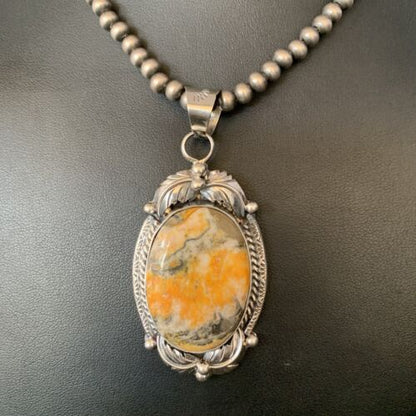 Navajo Bumblebee Jasper Pendant Necklace | Sterling Silver | Authentic Native American Handmade | 14200