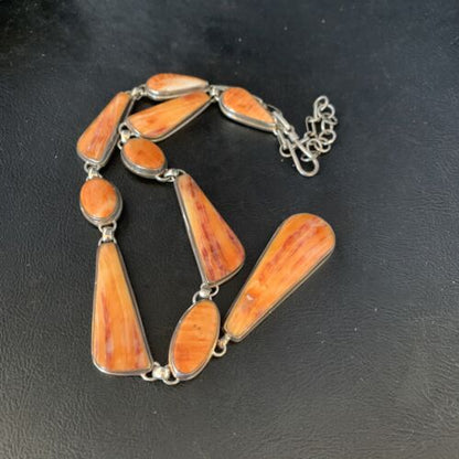 Navajo Lariat Necklace with Orange Spiny Oyster Pendant | Sterling Silver | 20" | Authentic Native American Jewelry | 13883