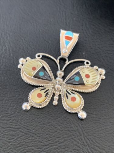 Zuni Blue Turquoise Coral Mother of Pearl Butterfly Inlay Pendant Necklace | Sterling Silver | 11969
