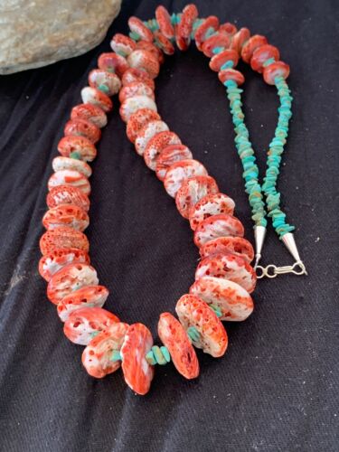 Native American Navajo Red Spiny Oyster & Turquoise Necklace | Sterling Silver | 34" Graduated | 4679