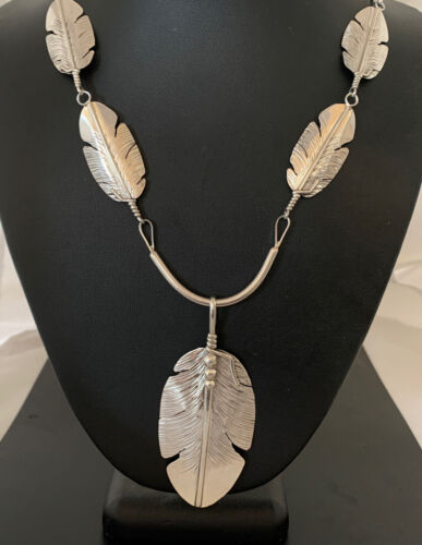 Men's Navajo Feather Choker Necklace Set | Sterling Silver Pendant | Native American Handmade | Begay | 21" | 02154