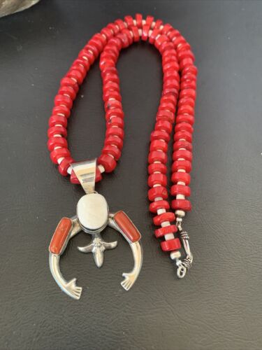 Navajo White Buffalo Turquoise Coral Naja Pendant | Sterling Silver | Authentic Native American Handmade | 10517