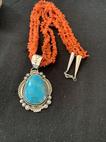 Navajo Sterling Silver Coral Bead Necklace with Turquoise Pendant | Multi-Strand | Authentic Native American Handmade | 767