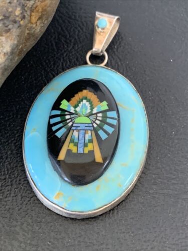 Zuni Multi-Stone Turquoise Pendant | Coral Onyx Inlay | Sterling Silver | Authentic Native American Handmade | 2029
