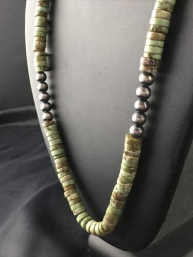 Navajo Men's Green Turquoise Heishi Necklace | Sterling Silver | 8mm | 22" | Authentic Native American Handmade | 10137
