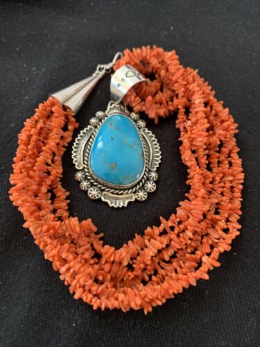 Navajo Sterling Silver Coral Bead Necklace with Turquoise Pendant | Multi-Strand | Authentic Native American Handmade | 767