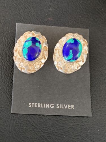 Native American Women's Blue Azurite Nugget Earrings | Sterling Silver | 13016