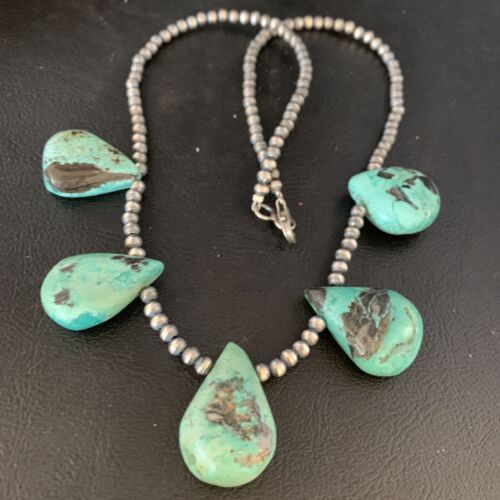 Navajo Teardrop Blue Turquoise Necklace | Sterling Silver Pearls | 20" | Authentic Native American Handmade | 13959