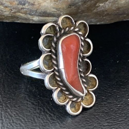 Native American Old Pawn Navajo Red Coral Ring | Sterling Silver | Sz 6 | 10369