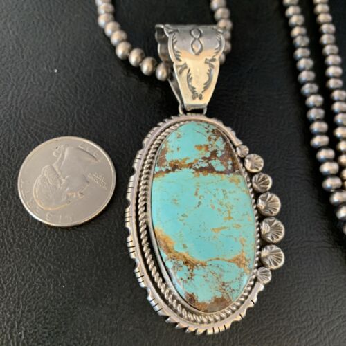 Navajo Pearls Sterling Silver Necklace with Blue #8 Turquoise Pendant | 3" | Authentic Native American Handmade | 13937 - Masha USA