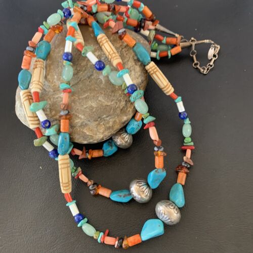 Native American Santo Domingo Turquoise Bead Necklace | Pearl Accents | 10377