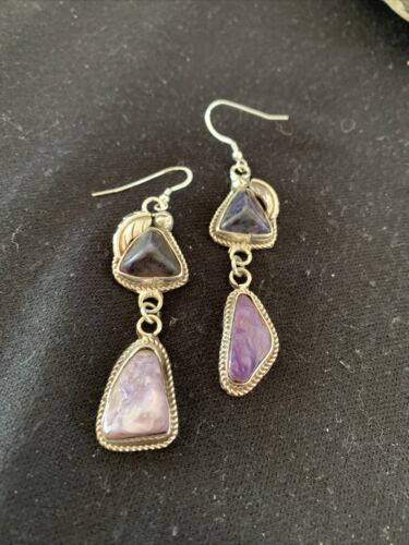 Navajo Purple Charoite Dangle Earrings | Sterling Silver | Authentic Native American Handmade | 01222