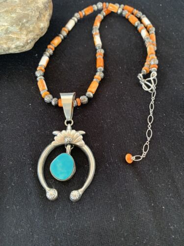 Sterling Blue Turquoise Naja Pendant | Navajo Pearls Spiny Oyster Necklace | Southwestern | 00262