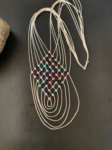 Multi-Color Liquid Silver Heishi Necklace | 7 Strand Sterling Silver Tubes | 18" | 12624