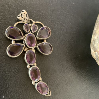 Large Dragonfly Pendant 3"| Faceted Amethyst Gems Cluster | Multi-Stone Sterling Silver| 12737