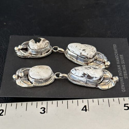 Navajo White Buffalo Turquoise Dangle Earrings | Sterling Silver | 2.5" | Authentic Native American Handmade | 14742